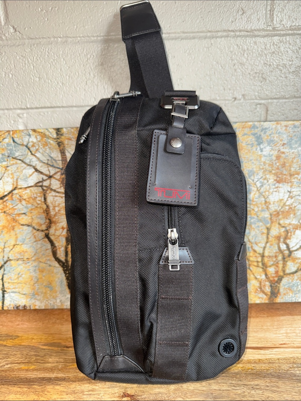 Tumi Alpha Ballistic Black Nylon Sling/Boarding/organizing bag with Leather Trim